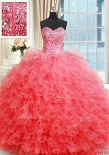 Beautiful Visible Boning Ruffled and Beaded Bodice Coral Red Quinceanera Gown