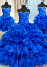 Discount Three for One Ruffled and Beaded Royal Blue Quinceanera Dress in Organza