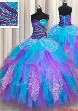 Elegant Beaded and Ruffled Rainbow Colored Quinceanera Dress in Tulle and Sequins