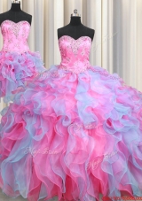 Cheap Beaded and Ruffled Organza Removable Quinceanera Dresses in Rose Pink and Light Blue