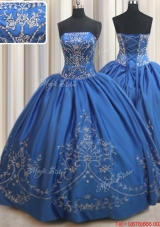 Pretty Strapless Stain Royal Blue Quinceanera Dress with Beading and Embroidery