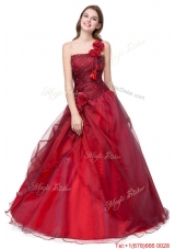 Simple One Shoulder Red Quinceanera Dress with Handcraft and Ruching