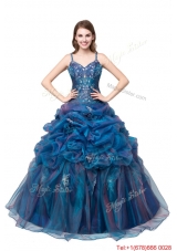 Unique Organza Straps Beaded Bodice Teal Quinceanera Dress with Appliques and Bubbles