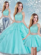 Glamorous Scoop Sleeveless Tulle Quinceanera Gown Beading and Lace and Sequins Clasp Handle