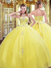 Ball Gowns Sweet 16 Dresses Gold Sweetheart Tulle Sleeveless Floor Length Lace Up