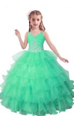 Turquoise Sleeveless Floor Length Beading and Ruffled Layers Zipper Little Girls Pageant Dress