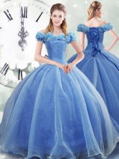 Cheap Light Blue Sleeveless Pick Ups Lace Up Ball Gown Prom Dress