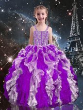 Custom Design Eggplant Purple Straps Lace Up Beading and Ruffles Little Girls Pageant Dress Wholesale Sleeveless