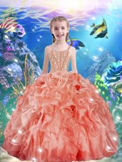 Superior Watermelon Red Ball Gowns Organza Straps Sleeveless Beading and Ruffles Floor Length Lace Up Little Girls Pageant Dress Wholesale
