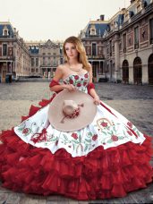 Floor Length Lace Up 15 Quinceanera Dress Wine Red for Military Ball and Sweet 16 and Quinceanera with Embroidery and Ruffled Layers