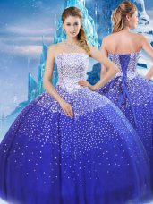 Beautiful Floor Length Ball Gowns Sleeveless Blue Quinceanera Gown Lace Up