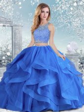 Vintage Royal Blue Long Sleeves Floor Length Beading and Ruffles Clasp Handle 15th Birthday Dress