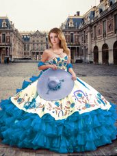 Nice Sweetheart Sleeveless Quinceanera Gown Floor Length Embroidery and Ruffled Layers Blue And White Organza and Taffeta