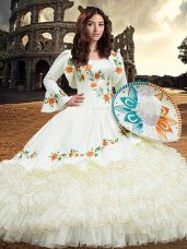 Dazzling Square Long Sleeves Quinceanera Gowns Floor Length Embroidery and Ruffled Layers White Organza