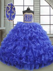 Royal Blue Organza Lace Up Quince Ball Gowns Sleeveless Floor Length Beading and Appliques and Ruffles