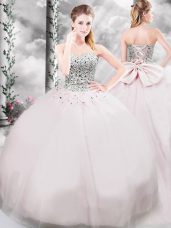 Hot Sale Tulle Sleeveless Quinceanera Gowns Brush Train and Beading and Bowknot