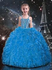 Glorious Floor Length Lace Up Little Girl Pageant Dress Baby Blue for Quinceanera and Wedding Party with Beading and Ruffles