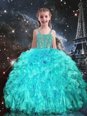 Organza Straps Sleeveless Lace Up Beading and Ruffles Kids Formal Wear in Aqua Blue