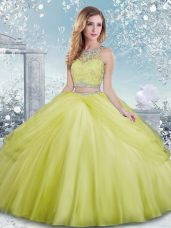 Dynamic Yellow Green Tulle Clasp Handle Scoop Sleeveless Floor Length Quinceanera Dress Beading