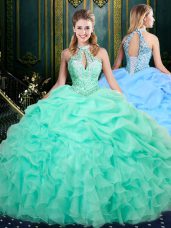 Halter Top Sleeveless Organza Quinceanera Dress Beading and Ruffles and Pick Ups Lace Up