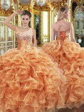 Dramatic Orange Organza Lace Up One Shoulder Sleeveless Floor Length Quinceanera Gowns Beading and Ruffles