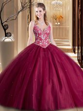 Luxury Burgundy Lace Up Spaghetti Straps Beading and Lace and Appliques Sweet 16 Quinceanera Dress Tulle Sleeveless