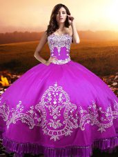 Fuchsia Taffeta Lace Up Sweetheart Sleeveless Floor Length Ball Gown Prom Dress Beading and Appliques