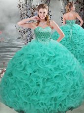Sexy Turquoise Sleeveless Fabric With Rolling Flowers Brush Train Lace Up Quinceanera Gown for Military Ball and Sweet 16 and Quinceanera