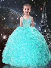 Cheap Turquoise Sleeveless Beading and Ruffles Floor Length Little Girls Pageant Dress