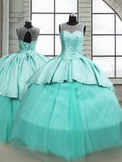 Gorgeous Turquoise Tulle Lace Up Scoop Sleeveless 15 Quinceanera Dress Brush Train Beading