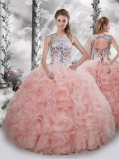 Sleeveless Floor Length Beading and Ruffles Lace Up Quince Ball Gowns with Baby Pink