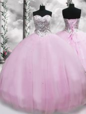 Designer Sleeveless Tulle Brush Train Lace Up Quinceanera Dresses in Lilac with Beading