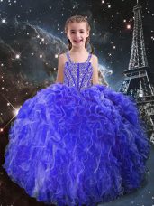 Superior Eggplant Purple Ball Gowns Beading and Ruffles Little Girl Pageant Gowns Lace Up Organza Sleeveless Floor Length