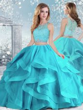 Aqua Blue Ball Gowns Organza Scoop Sleeveless Beading and Ruffles Floor Length Clasp Handle 15th Birthday Dress