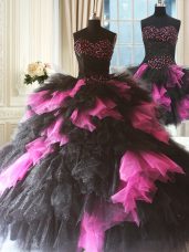 Admirable Three Pieces 15 Quinceanera Dress Pink And Black Sweetheart Tulle Sleeveless Floor Length Lace Up