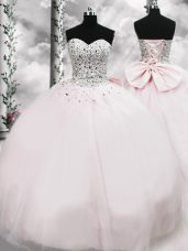 Pink Sleeveless Tulle Brush Train Lace Up Sweet 16 Dress for Military Ball and Sweet 16 and Quinceanera
