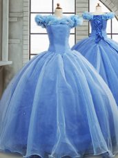 Light Blue Ball Gowns Organza Off The Shoulder Sleeveless Pick Ups Lace Up Quinceanera Dresses Brush Train