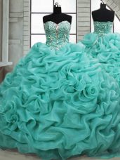 Turquoise Ball Gowns Sweetheart Sleeveless Organza Brush Train Lace Up Beading and Pick Ups 15th Birthday Dress