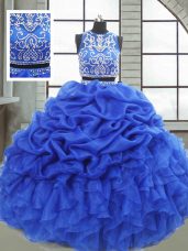 Floor Length Royal Blue 15 Quinceanera Dress Organza Sleeveless Beading and Ruffles and Pick Ups