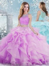 Lilac Ball Gowns Beading and Ruffles Vestidos de Quinceanera Clasp Handle Organza Sleeveless Floor Length