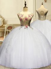 Deluxe Floor Length Ball Gowns Sleeveless White Quince Ball Gowns Lace Up