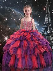 Graceful Coral Red Ball Gowns Straps Sleeveless Tulle Floor Length Lace Up Beading and Ruffles Child Pageant Dress