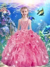 Pretty Sleeveless Organza Floor Length Lace Up Little Girl Pageant Gowns in Rose Pink with Beading and Ruffles