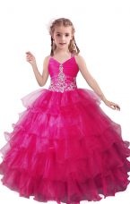 Sweet Ball Gowns Little Girls Pageant Gowns Fuchsia V-neck Organza Sleeveless Floor Length Zipper