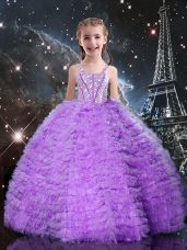 Dazzling Floor Length Lace Up Little Girls Pageant Gowns Eggplant Purple for Quinceanera and Wedding Party with Beading and Ruffles and Ruffled Layers
