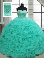 Sleeveless Fabric With Rolling Flowers Brush Train Lace Up Vestidos de Quinceanera in Turquoise with Beading