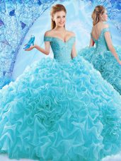 Luxurious Aqua Blue Ball Gowns Off The Shoulder Cap Sleeves Organza Brush Train Lace Up Ruffles and Pick Ups Quinceanera Gown