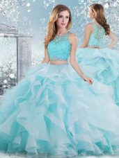 Dynamic Scoop Sleeveless 15th Birthday Dress Floor Length Beading and Ruffles Aqua Blue Organza
