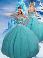 Affordable Aqua Blue Tulle Lace Up Sweetheart Sleeveless Floor Length Quinceanera Gown Beading and Sequins