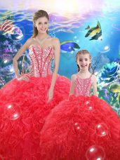 Comfortable Coral Red Ball Gowns Sweetheart Sleeveless Organza Floor Length Lace Up Beading and Ruffles Quinceanera Gown